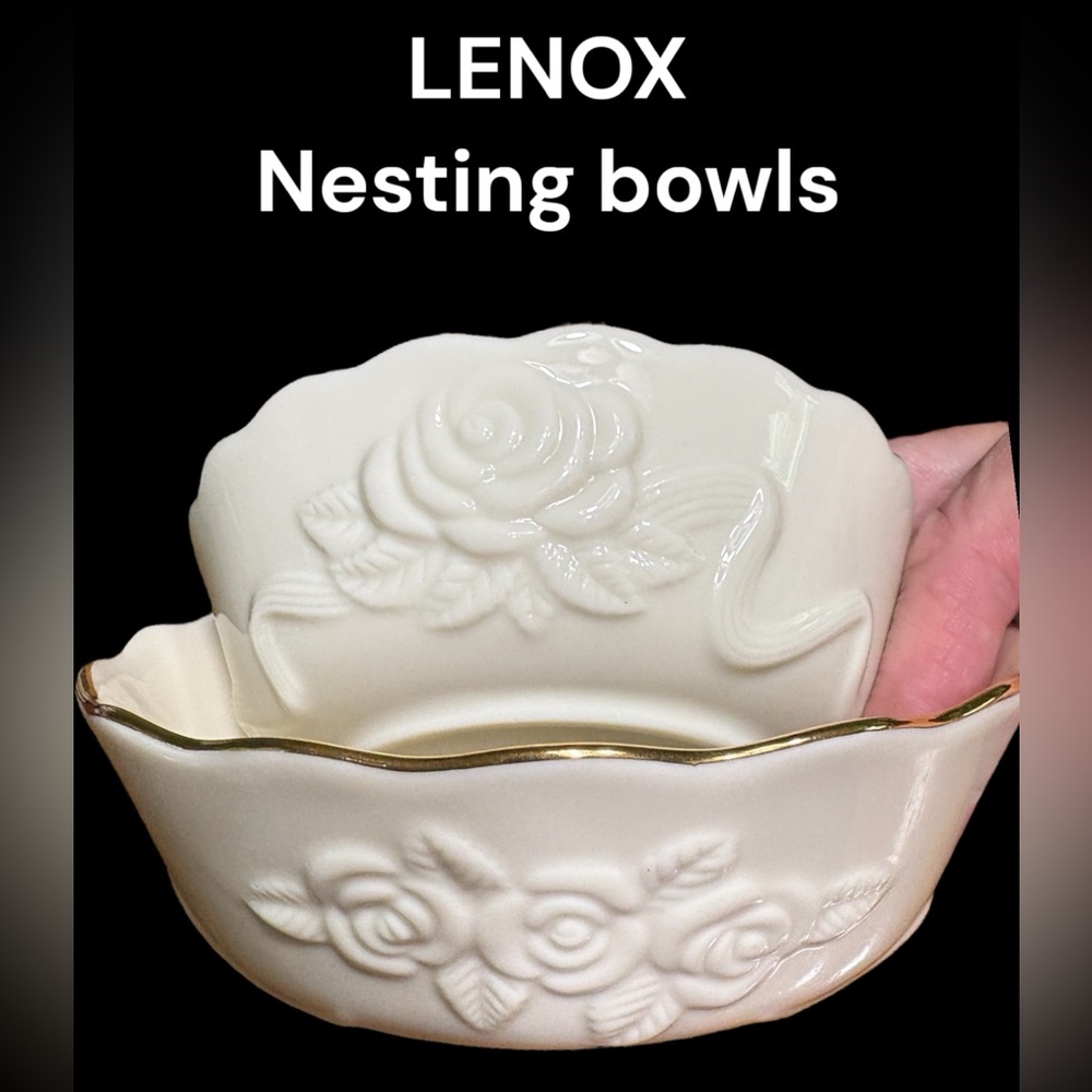 LENOX-2 porcelain nesting bowls. Rosebud Collection Rose Blossom Gold Trim. EUC!